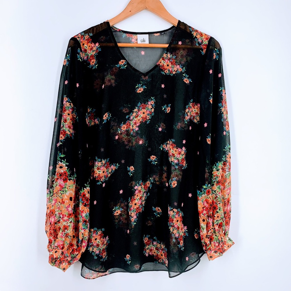 Cabi Womens‎ Blooming Floral V-Neck Sheer Chiffon Long Sleeve Top Size M